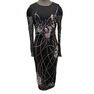 Breathtaking 100% Silk Black Beaded Floral  Dress Midi Long Sleeve  Vintage